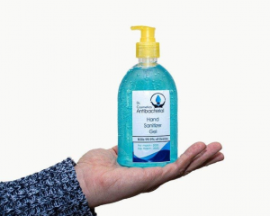 A bottle of antibacterial hand sanitizer