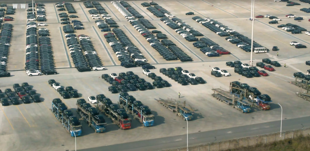 A drone supplied image of the Tesla Giga Shanghai vehicle marshalling yard taken on November 26, 2021 by Wu Wa.