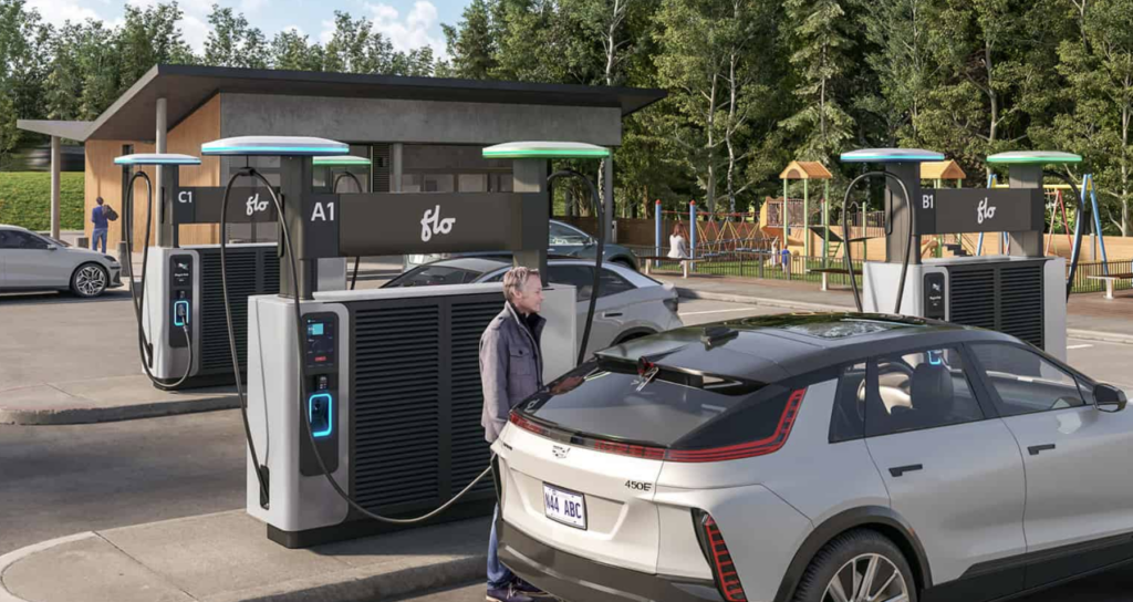 Vehicles at a FLO Electric Vehicle charging station