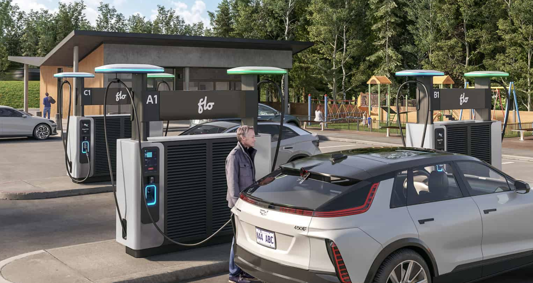 Vehicles at a FLO Electric Vehicle charging station